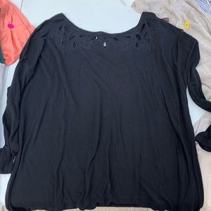 Black long sleeve cotton shirt with neck detail